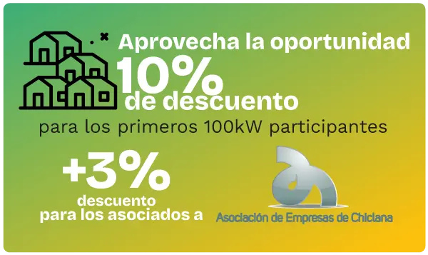Descuento del 10% para los primeros 100kw que se inscriban y de un 3% adicional para los asociados/as a la asociación de empresarios de Chiclana