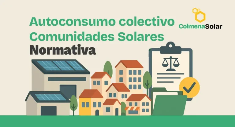 dibujo de un autoconsumo colectivo y comunidad solar con iconos de normativa legal