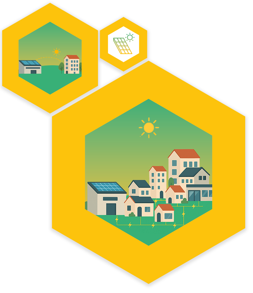 Logo colmena solar con interior en el que se ve una comunidad solar y una cubierta alquilada en un dibujo.